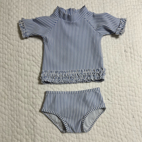 RuffleButts Baby Girl Seersucker Romper - Blue Ruffle Outfit For Special Occasions